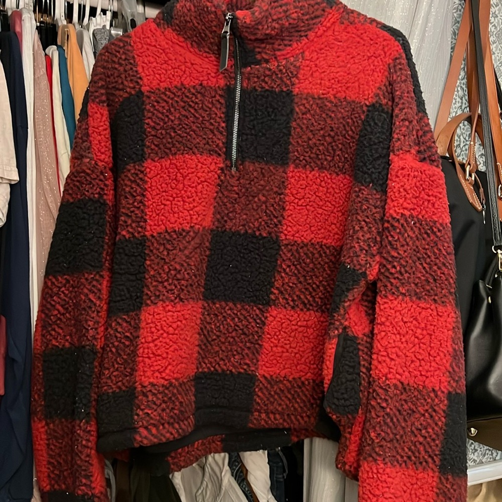 Red and black plaid fuzzy half zip